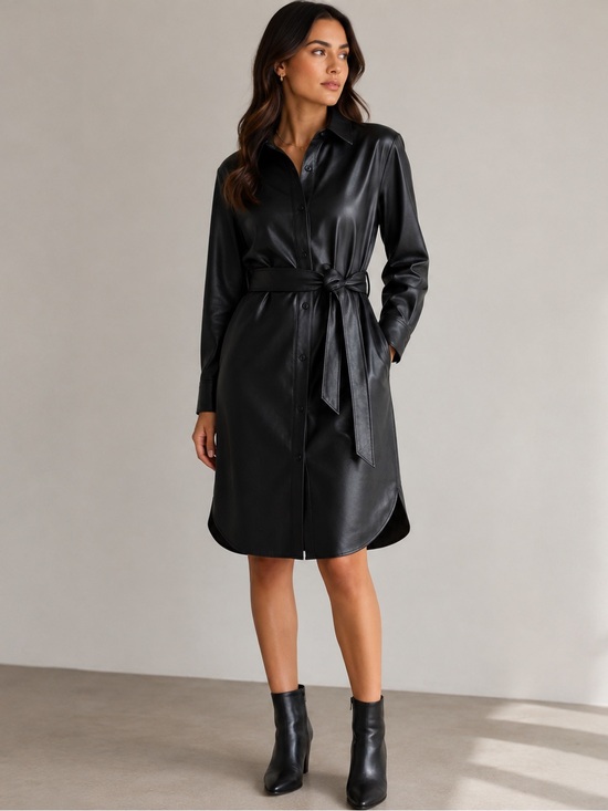 Babaton Dresses & Skirts - Babaton Black Faux Leather Shirt Dress with Tie Belt-  Vice Dress by Aritzia